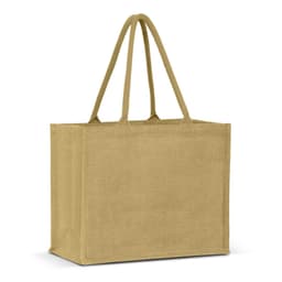 A jute tote bag in a light brown colour, featuring two sturdy handles and a plain exterior.