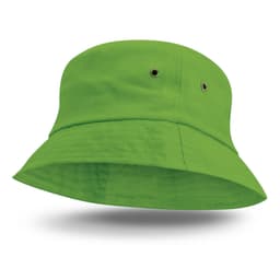A vibrant green Bondi bucket hat featuring a wide brim and ventilation eyelets, with a logo displayed.