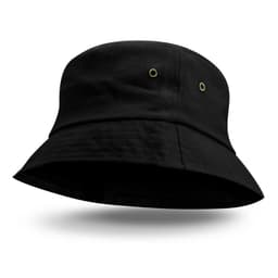 A black Bondi Bucket Hat with a wide brim and ventilation eyelets.