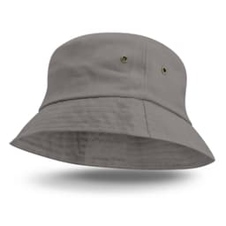 A gray Bondi Bucket Hat featuring a wide brim and ventilation eyelets on the sides.