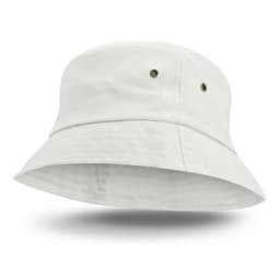 A white Bondi Bucket Hat with a wide brim and two ventilation eyelets on the sides.