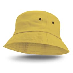 A yellow Bondi Bucket Hat featuring a wide brim and eyelets for ventilation.