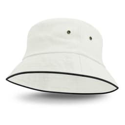 A black sandwich trim bucket hat in a light colour, featuring ventilation eyelets and a wide brim.