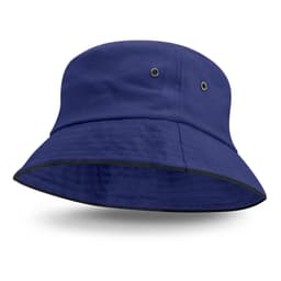 A black bucket hat with sandwich trim and two ventilation eyelets on the sides.