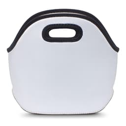A white lunch bag with black stitching and two handles, featuring a simple design. It has a logo on one side.
