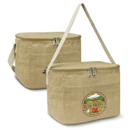 A tan cooler bag with a zip closure and a shoulder strap, featuring a logo on the front.