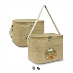 A tan cooler bag with a detachable shoulder strap and a logo on the front, featuring a natural texture.