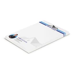 A7 note pad featuring 50 leaves, predominantly white with a blue and grey design and a logo on the top.