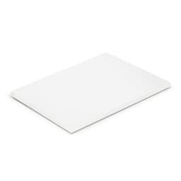 A6 notepad with 50 white leaves, featuring a plain, flat design and includes a logo.