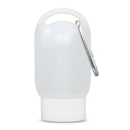 A transparent gel hand sanitiser bottle with a silver carabiner, featuring a white cap.