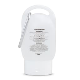 A white 30ml gel hand sanitiser bottle with a clip and a flip-top cap, featuring a logo on the front.