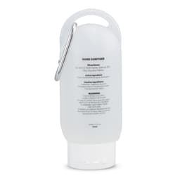 A gel hand sanitiser in a clear 55ml bottle with a clip, featuring a white design and a logo.
