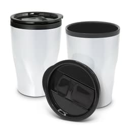 A silver coffee cup with a black lid, featuring a curved design and an inner compartment. It has a branding logo.
