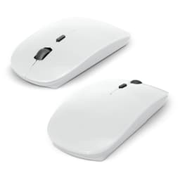A white travel mouse is displayed from two angles, featuring a sleek design and a scroll wheel.