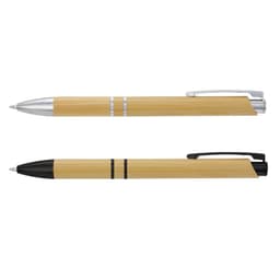 Two bamboo pens, one with a silver trim and the other with a black trim, both featuring a logo.