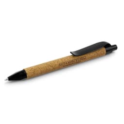 A plastic pen with a cork barrel and black accents, featuring a clip and branding.