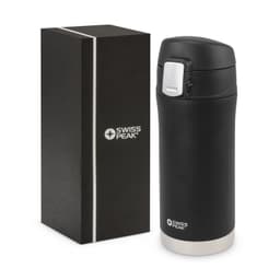 A drink bottle with a sleek black finish and a white base, accompanied by a stylish black box, featuring a logo.