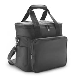 A black cooler bag featuring a zippered front pocket and sturdy handles, with an adjustable shoulder strap.