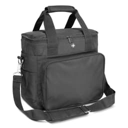 A black cooler bag with a zippered main compartment, front pocket, handles, and a detachable shoulder strap.