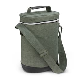 A drink bottle cooler bag in green fabric with a black base and adjustable shoulder strap, featuring a zippered closure and handle.