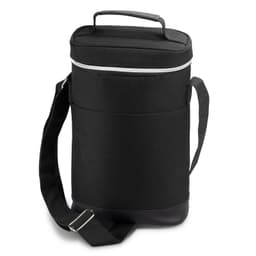 A drink bottle cooler bag in black, featuring a zippered top, a carry handle, and an adjustable shoulder strap.