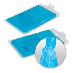 A blue emergency poncho packaged flat, with a close-up showing the poncho's design and materials. It has a logo.