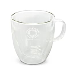 A double wall glass cup with a transparent design and a handle. It features a logo on the front.