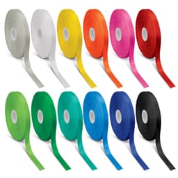A selection of 15mm personalised ribbon in white, silver, yellow, orange, pink, red, green, blue, and black. Each roll features a logo.