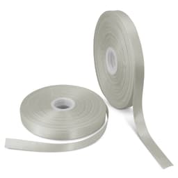 A set of two rolls of personalised ribbon, in a pale green colour, each 15mm wide. One roll is partially unspooled.
