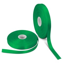 A roll of green personalised ribbon, 15mm wide, with another roll partially unwound next to it.