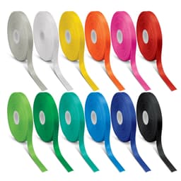 Twelve rolls of personalised ribbon in various colours, including white, yellow, pink, red, green, and blue, with a logo.