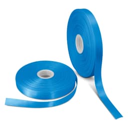 Two rolls of bright blue 20mm personalised ribbon, with smooth satin finish, one partially unrolled.