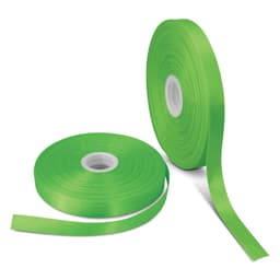 A roll of bright green personalised ribbon, coiled and partially unspooled, on a white background.