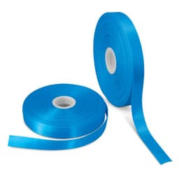 Two rolls of vibrant blue personalised ribbon, showcasing a smooth, glossy finish. One roll partially unspooled.