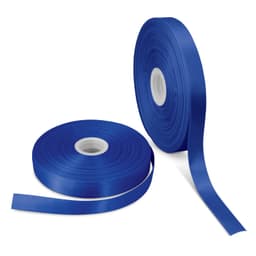 A roll of personalised ribbon in a vibrant blue colour, featuring two spools of smooth, satin-like material.