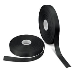 Two rolls of 25mm personalised ribbon in black, one partially unspooled, featuring a logo on the spool.