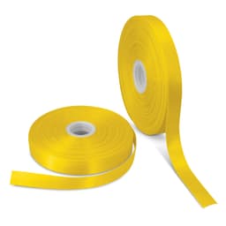 A vibrant yellow personalised ribbon, 25mm wide, displayed on two rolls. One roll partially unrolled, showcasing the ribbon's smooth texture.