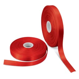 Red personalised ribbon in two rolls, featuring a smooth finish and varying widths. One roll is partially unspooled.