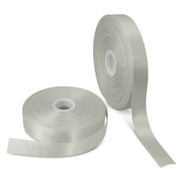 A roll of personalised ribbon in a soft, pale green colour alongside another roll, both on spools.