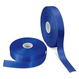 Two rolls of 50mm wide blue personalised ribbon, one partially unrolled, featuring a smooth satin finish.