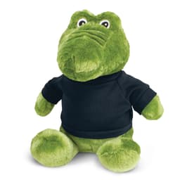 A green crocodile plush toy wearing a black shirt, featuring large eyes and a friendly expression.