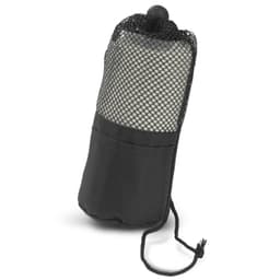 A black gym towel packaged in a mesh bag with a drawstring closure, designed for leisure and outdoor activities.