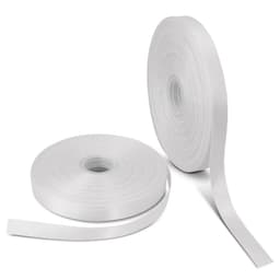 A roll of white personalised ribbon, 15mm wide, displayed with another roll partially unwrapped.