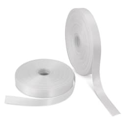 Two rolls of 25mm wide personalised ribbon in white, one partially unrolled. One roll has a logo.