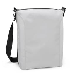 A cooler bag in grey with a black adjustable strap and zip closure, featuring a logo on the front.