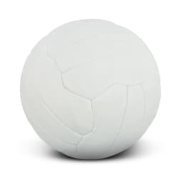 A white netball featuring a classic textured design and a round shape, with a branding logo visible.