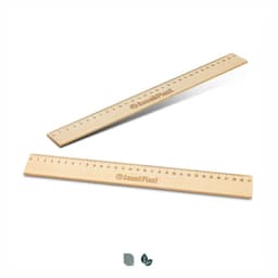 A wooden 30cm ruler with markings for measurement, featuring a logo. The ruler has a natural wood finish.