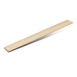 A wooden 30cm ruler featuring measurement markings, with a smooth, natural finish. It has a logo on it.