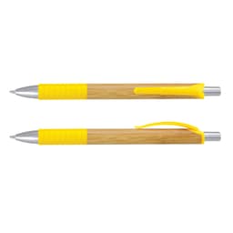 A bamboo pen with a yellow grip and clip, featuring a silver metal tip and accents. It has a branding logo.