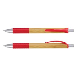 A bamboo pen featuring a silver tip and red accents, including a grip and clip. The pen has a logo.